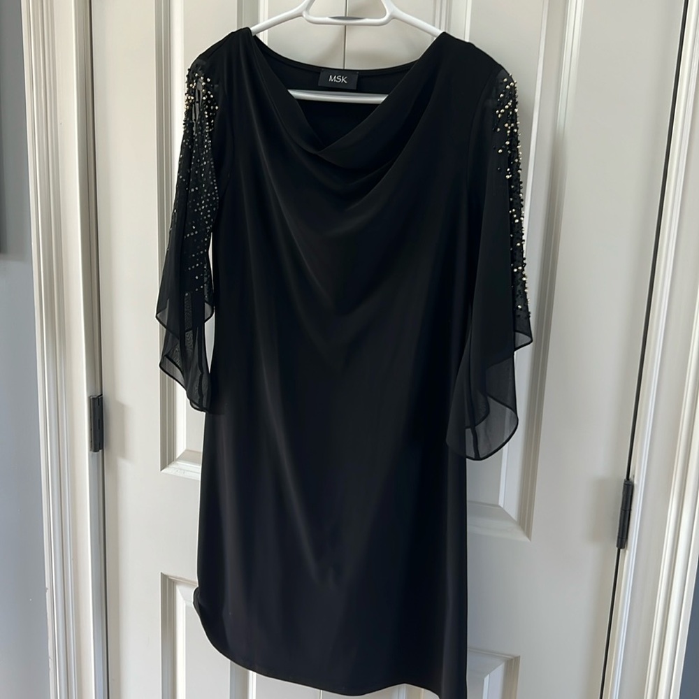 MSK cocktail dress black, size small, lined, beads on arms, elegant